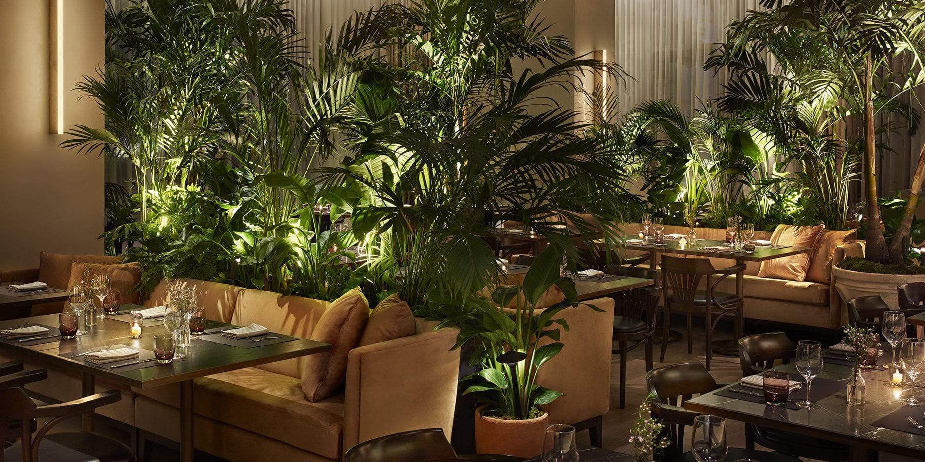 Cozy, candlelit dining are with tropical foliage