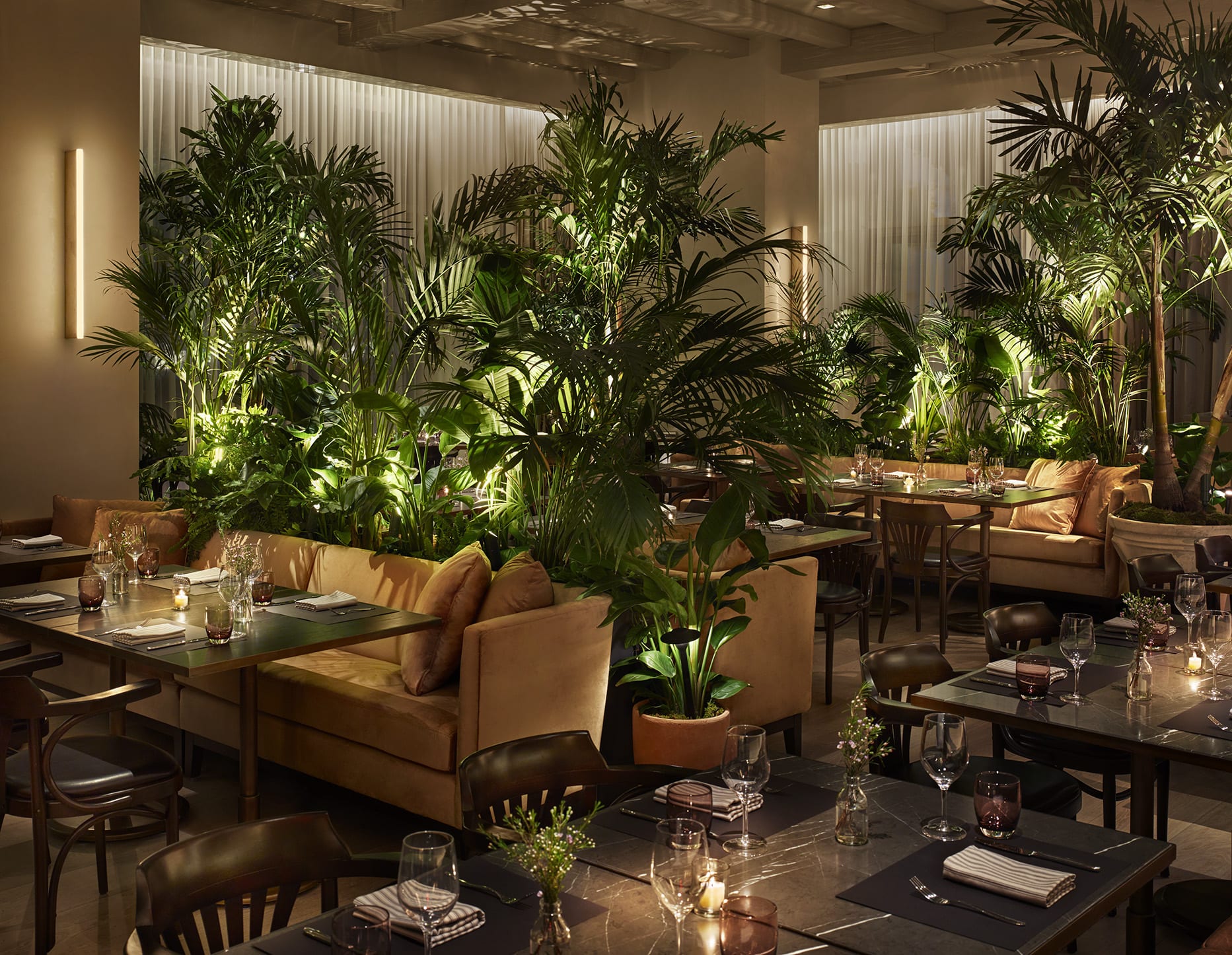 Cozy, candlelit dining are with tropical foliage