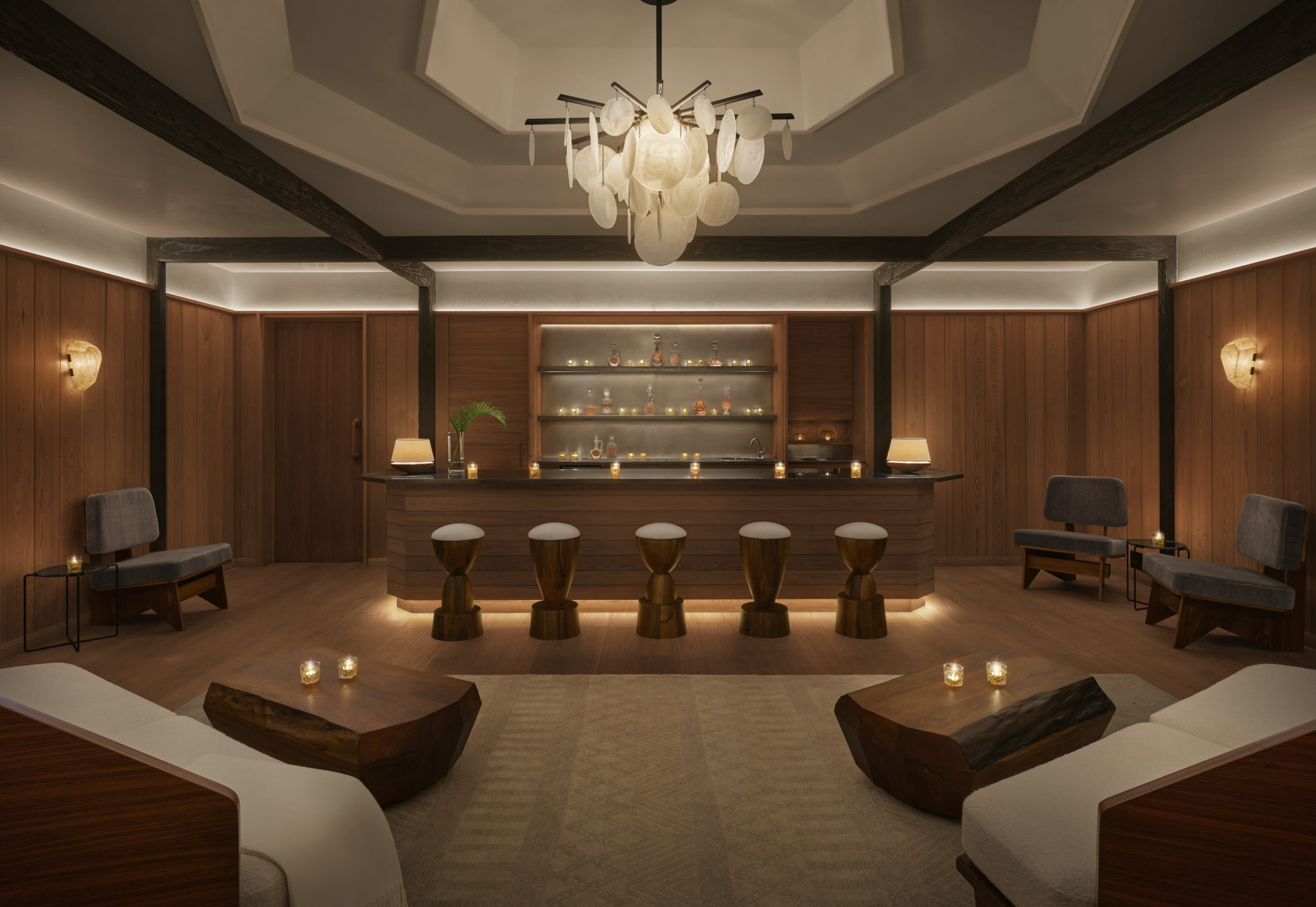 Wood-paneled spa juice bar with soft lighting