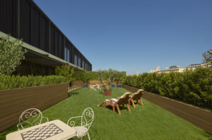 Grassy courtyard with seating