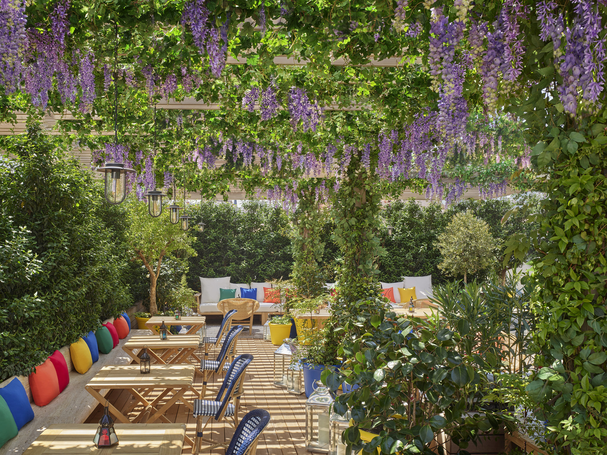 Bright dining area with hanging garden and colorful throw pillows and potted flora