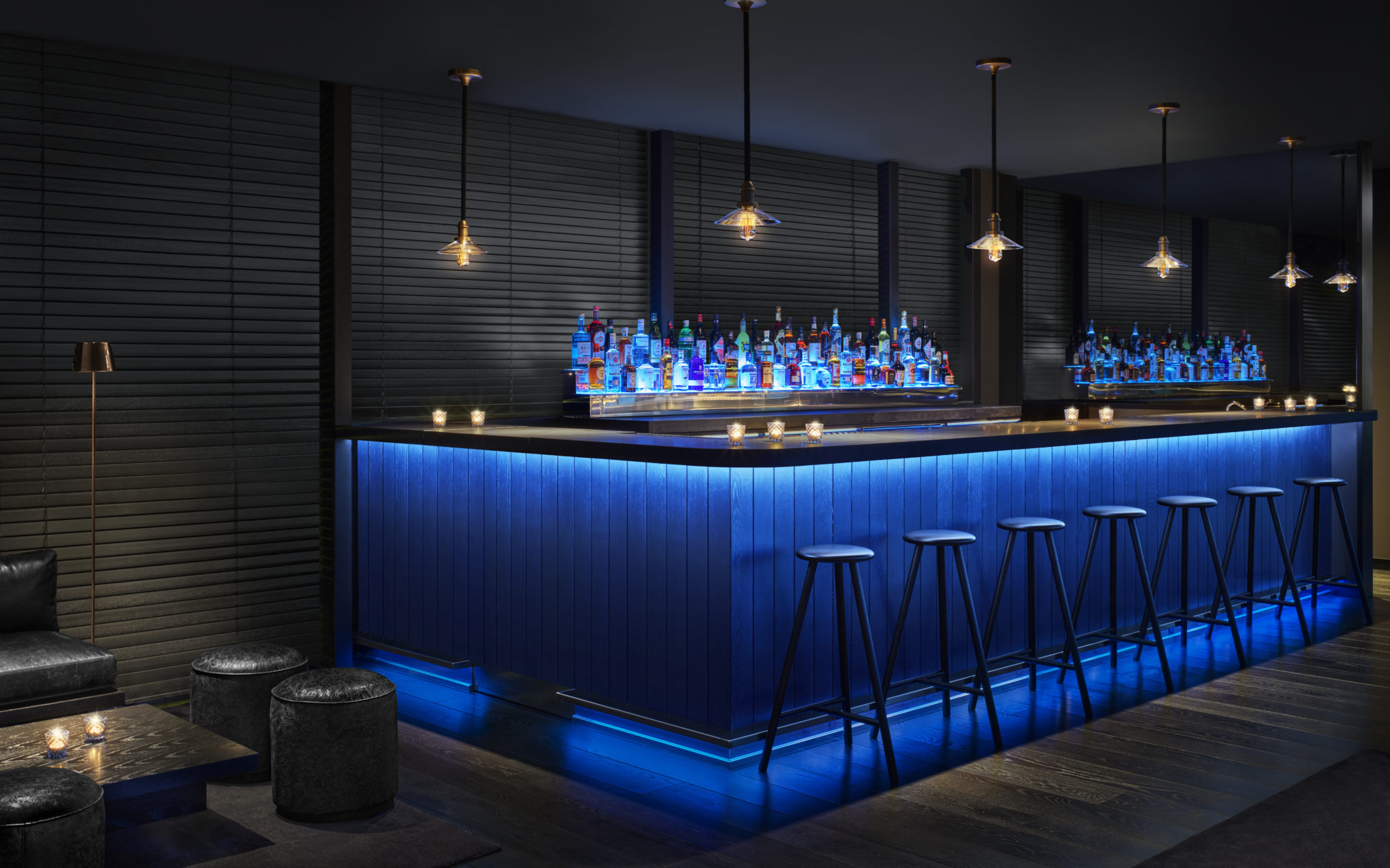 Sleek bar with blue specialty lighting