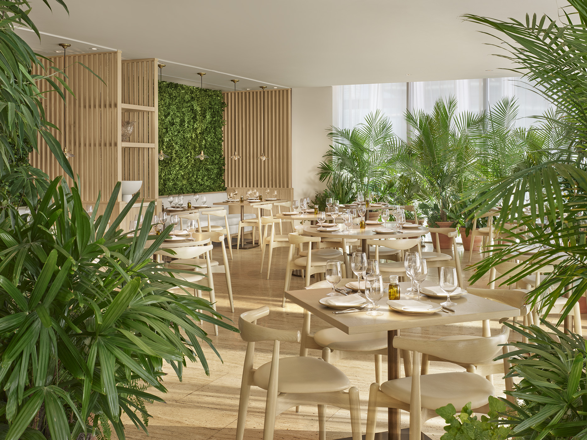 Dining room of restaurant with potted palms