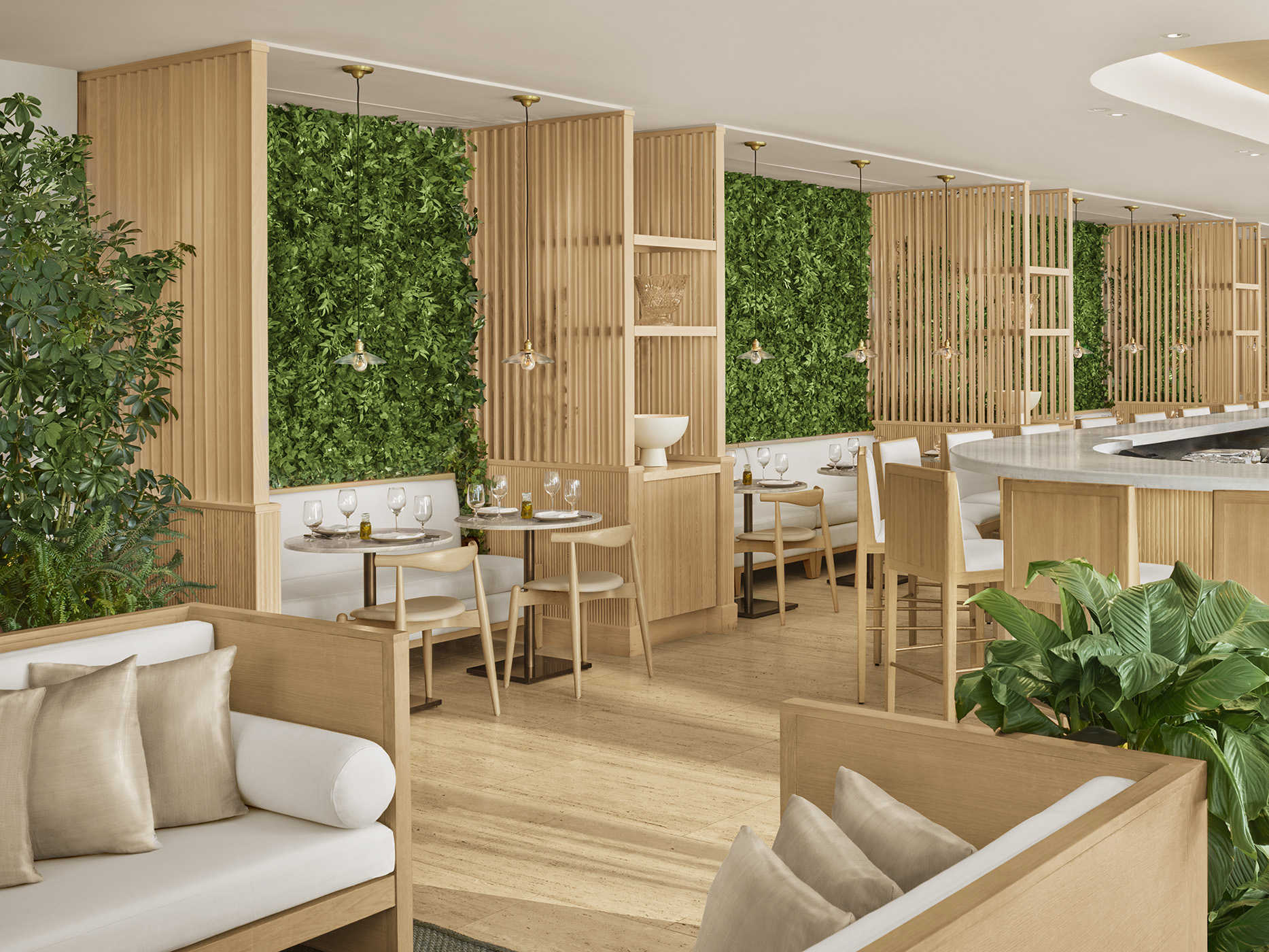 Restaurant designed with light wood and tropical flora