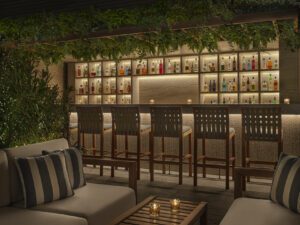 A dimly lit view of a bar with a grid of wall shelves filled with bottles. 